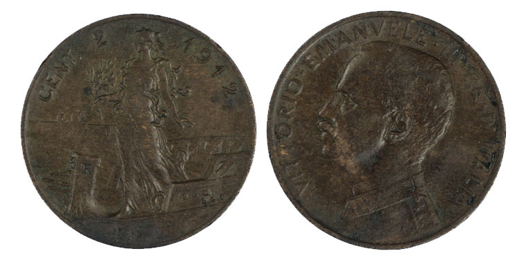 2 centesimi Italia su Prora zecca di Roma