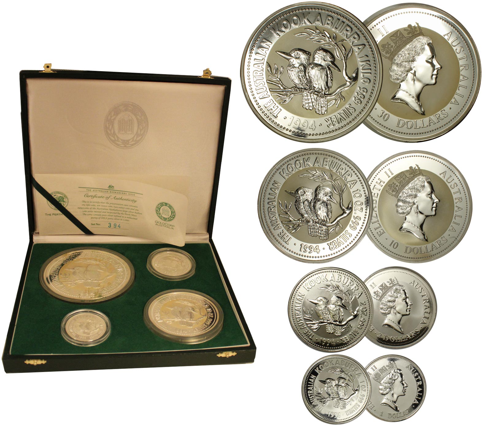 "Kookaburra" - serie di 4 monete da oncia 1, 2, 10 e 1 kg., gr. complessivi 1408,00 in ag. 999/000