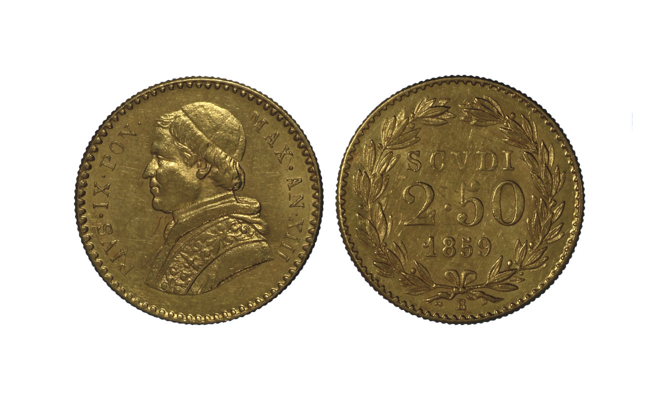 Papa Pio IX - 2,5 scudi gr. 4,33 in oro 900/- Zecca di Bologna