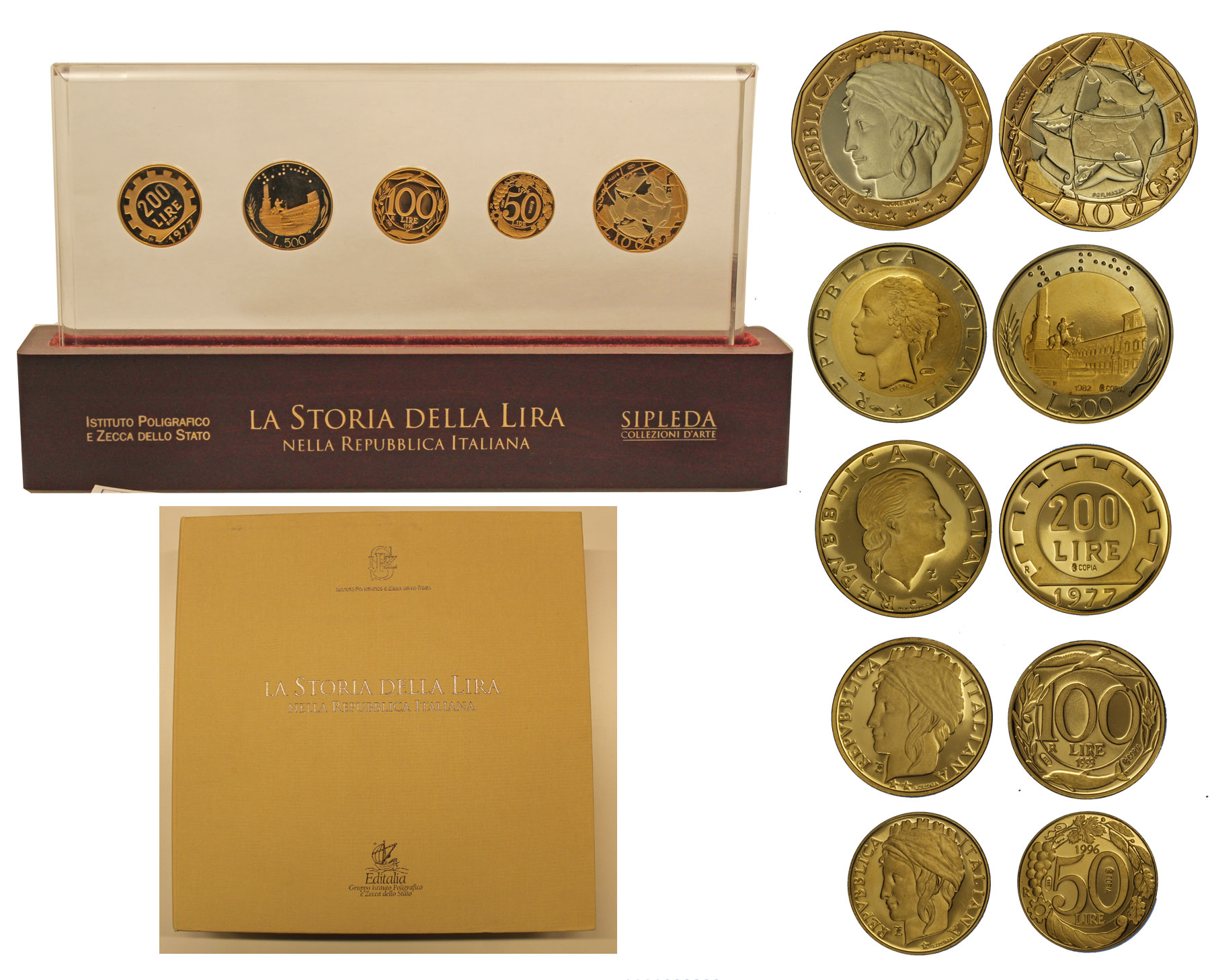 Storia della Lira - Riproduzione di Lire 200-500-100-50 e 1000 gr. 44,88 di oro 900/000 e gr. 15,10 di oro 750/0000 - conf, originale