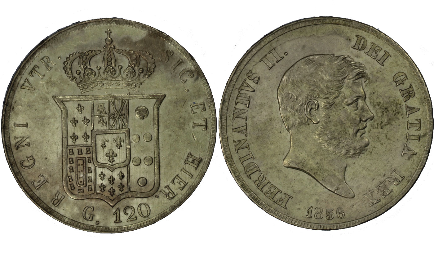 Re Ferdinando II di Borbone - Piastra da 120 Grana gr. 27,53 in arg. 833/