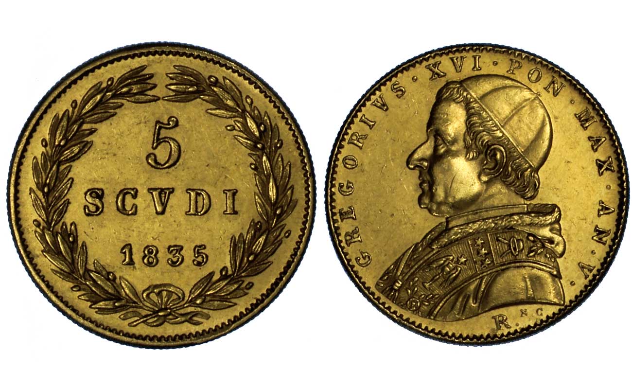 Papa Gregorio XVI - 5 scudi gr.8,66 in oro 900/ - Zecca di Roma