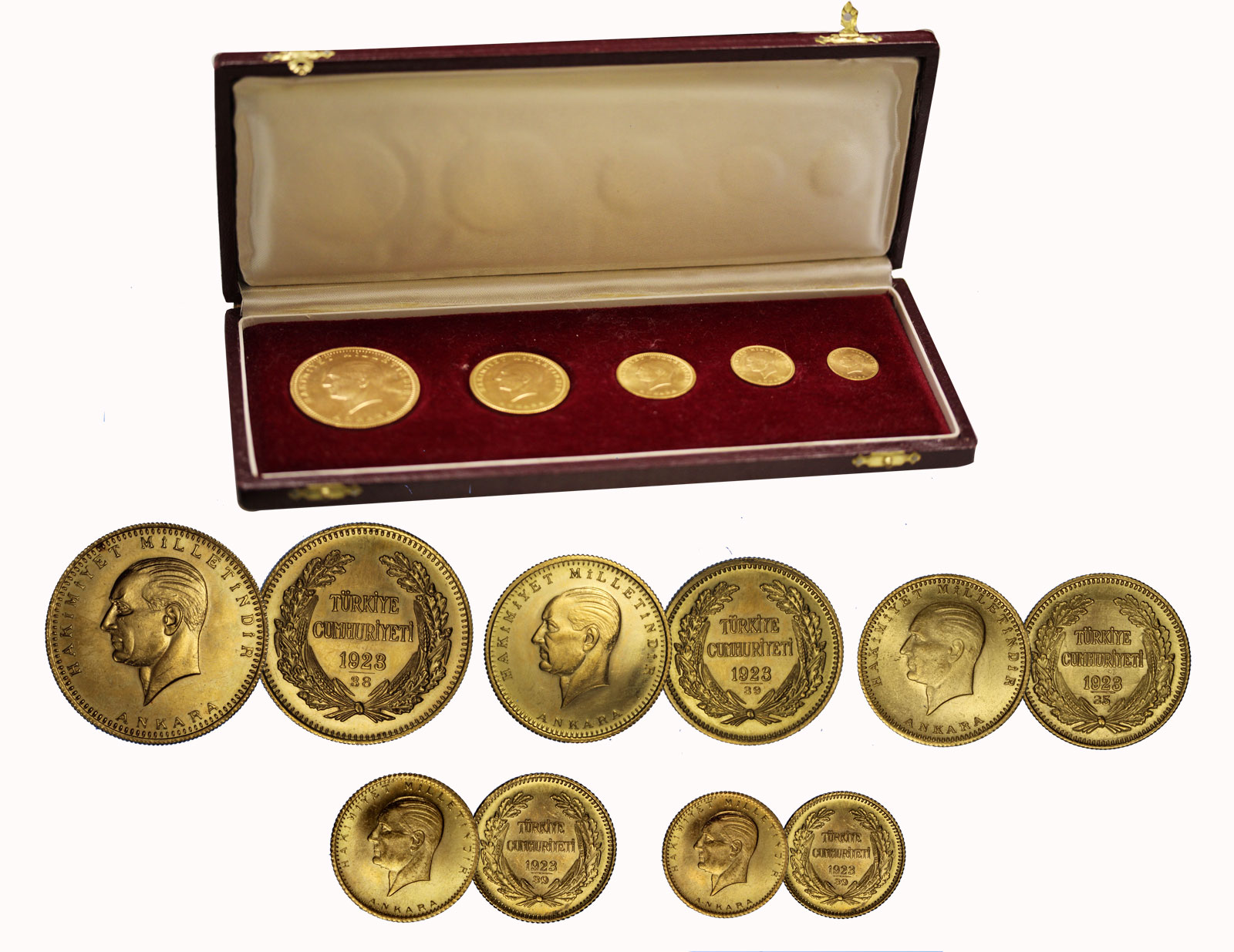 Kemal Ataturk  - Serie da 25 - 50 - 100 - 250 - 500 piastre gr. 63,08 in oro 917/000 - conf. originale
