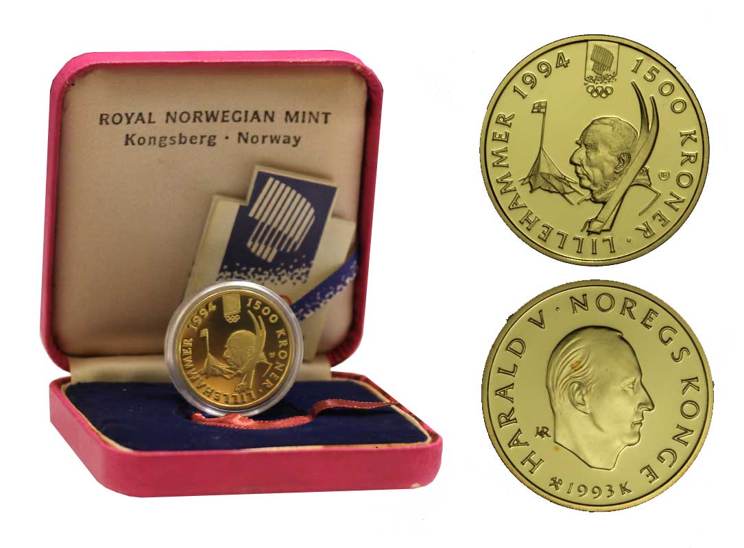 "XVII Giochi olimpici invernali" - 1500 corone gr. 16,96 in oro 917/000 - conf. originale