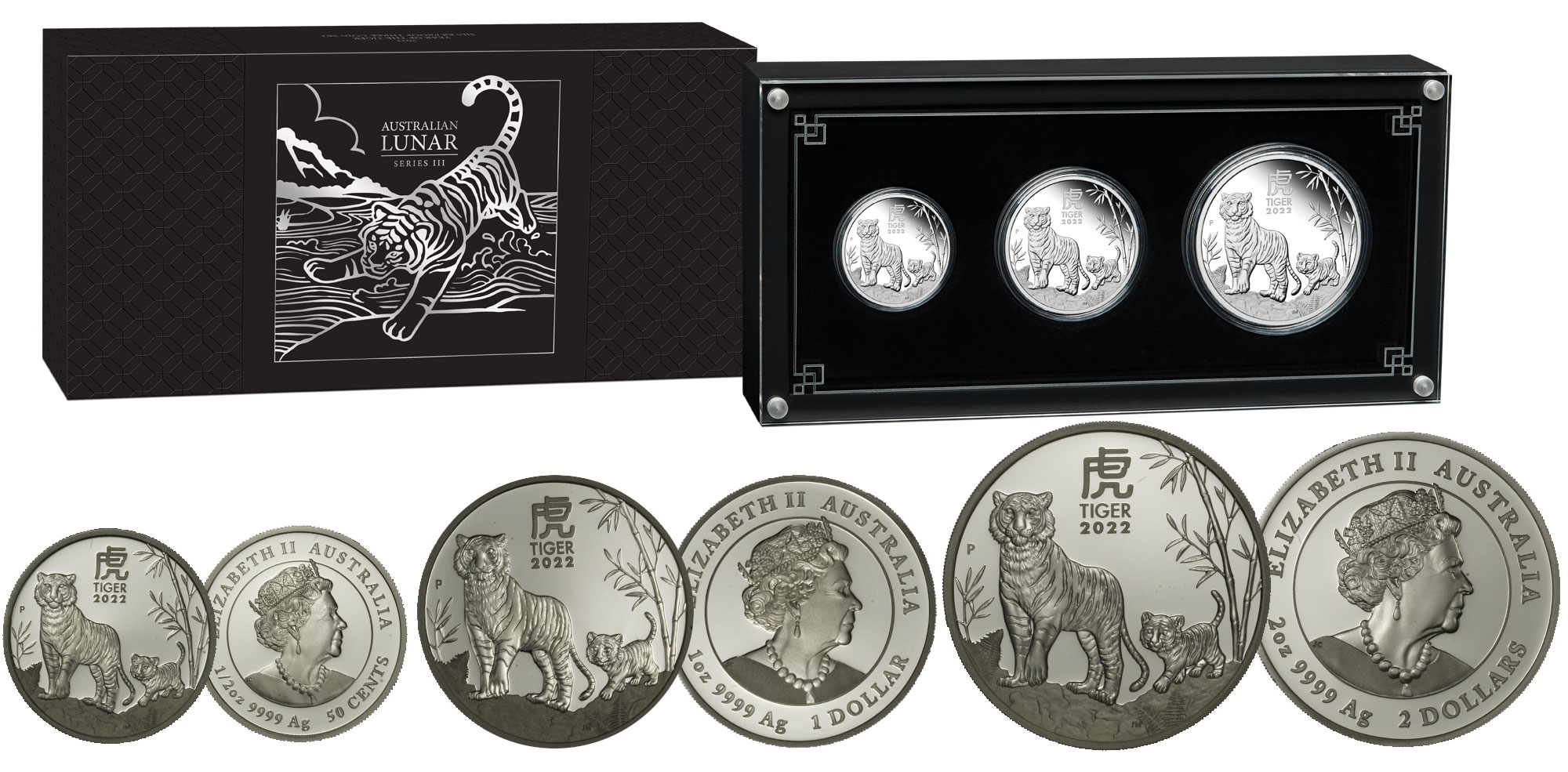 "Calendario Lunare III - Anno della Tigre" - Set di 3 monete da dollari 2, 1 e 50 cent. - gr. complessivi 108,86 in ag. 999/000 - Tiratura 1.000 pezzi