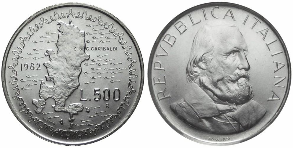 "Garibaldi" - Monete da Lire 500 in argento gr. 11,00 in ag.835/ - Lotto di 10 pezzi