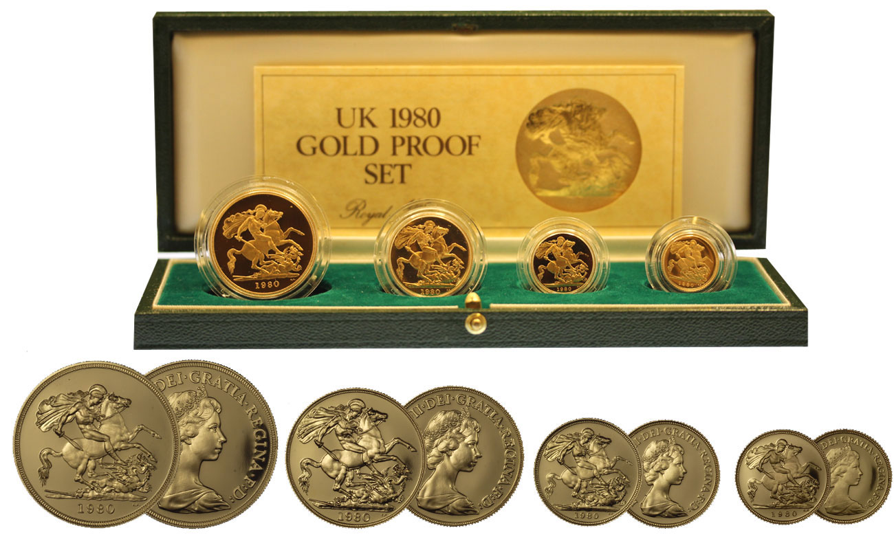 Serie di 4 monete da 5 - 2 -1 - 1/2 sterlina gr. 67,83 in oro 917/000 - conf. originale