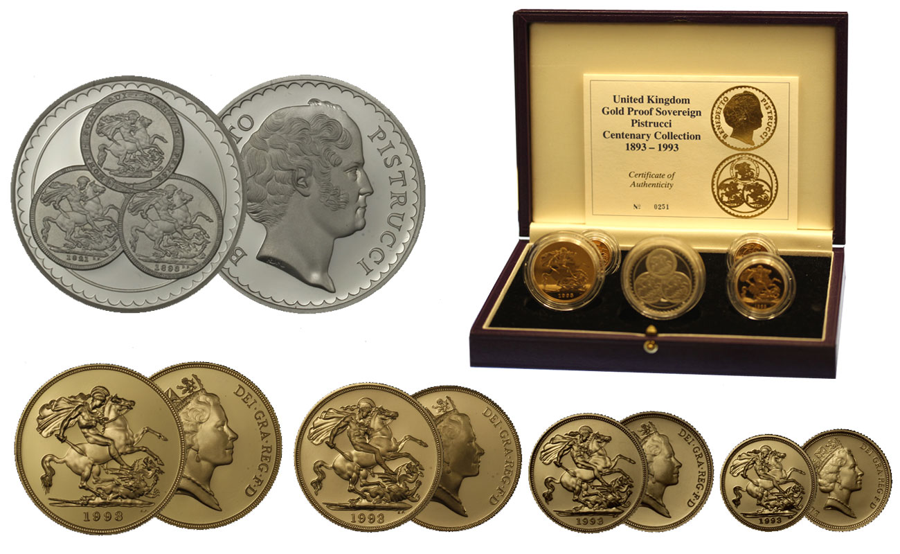 Pistrucci - Serie di 4 monete da 5 - 2 -1 - 1/2 sterlina gr. 67,83 in oro 917/000 e medaglia in arg. gr. 28.28 - conf. originale