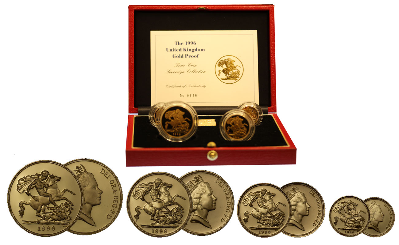 Serie di 4 monete da 5 - 2 -1 - 1/2 sterlina gr. 67,83 in oro 917/000 - conf. originale