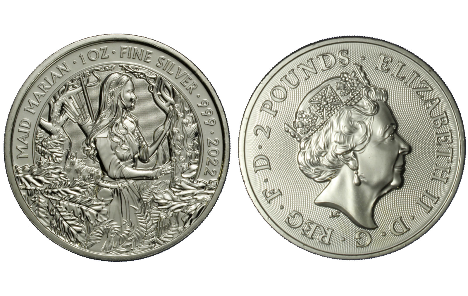 Lady Marian" - moneta da 2 sterline (1 oncia) gr. 31,10 in ag.999/000 - Lotto di 10 pezzi 