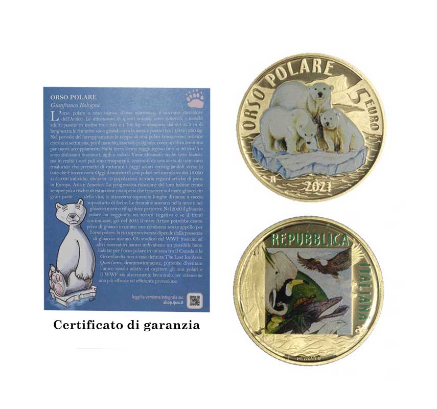 "Serie mondo sostenibile: l'orso"- Moneta da 5 euro in capsula con certificato allegato
