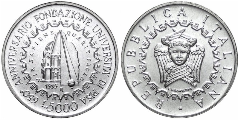 "Universitdi Pisa II" - 5000 lire gr. 18,00 in arg. 835/000 - Lotto di 10 pezzi in conf. originale