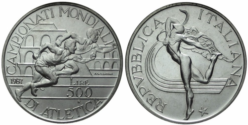 "Campionati di Atletica di Roma" - Lire 500 gr.11,00 in arg.835/ - Lotto di 10 pezzi - conf. originali