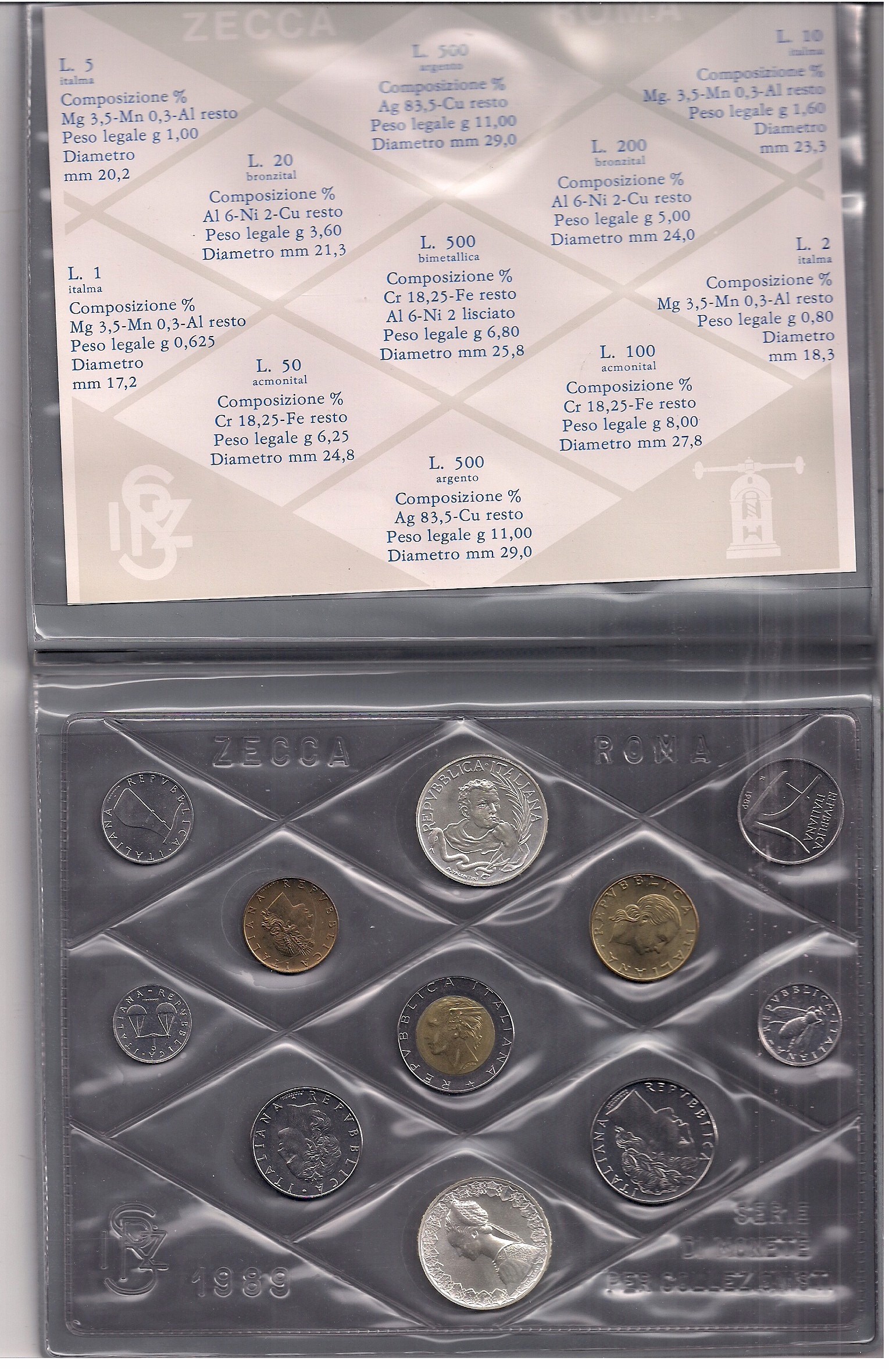  Serie completa di 11monete confezionate con L.500 "T. Campanella" - Lotto di 5 serie