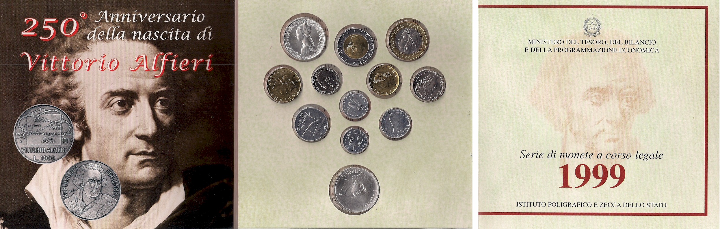 Serie completa di 12 monete con L. 1000 "Alfieri" - Lotto di 5 serie in conf. originali