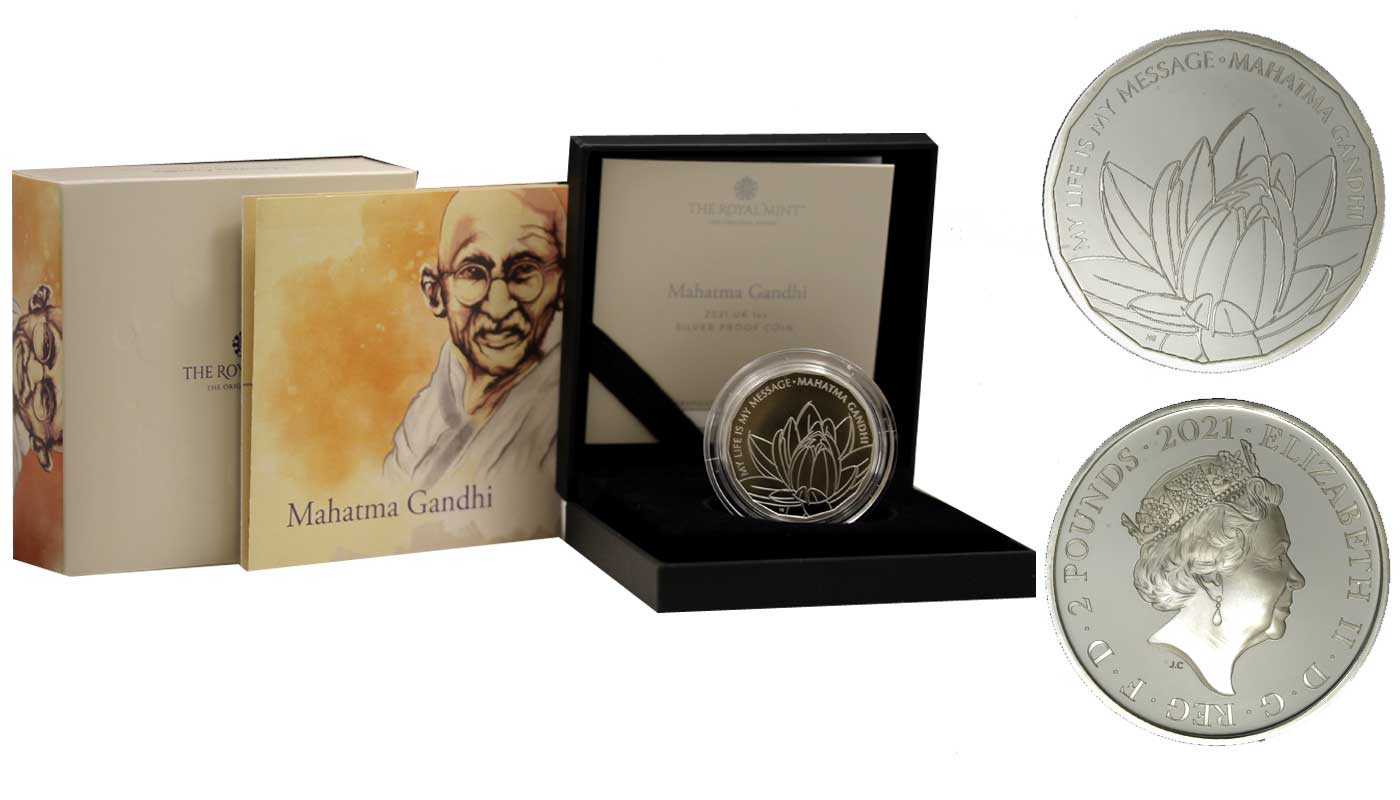 "Gandhi" - Moneta da 2 sterline gr. 31,20 in ag 999/000