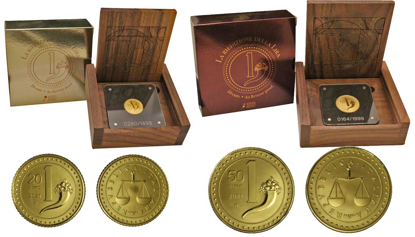 "Riedizione della Lira" - 20 e 50 Euro gr. 23,32 in oro 999/000 - Reverse PROOF - Tiratura 1499 pezzi