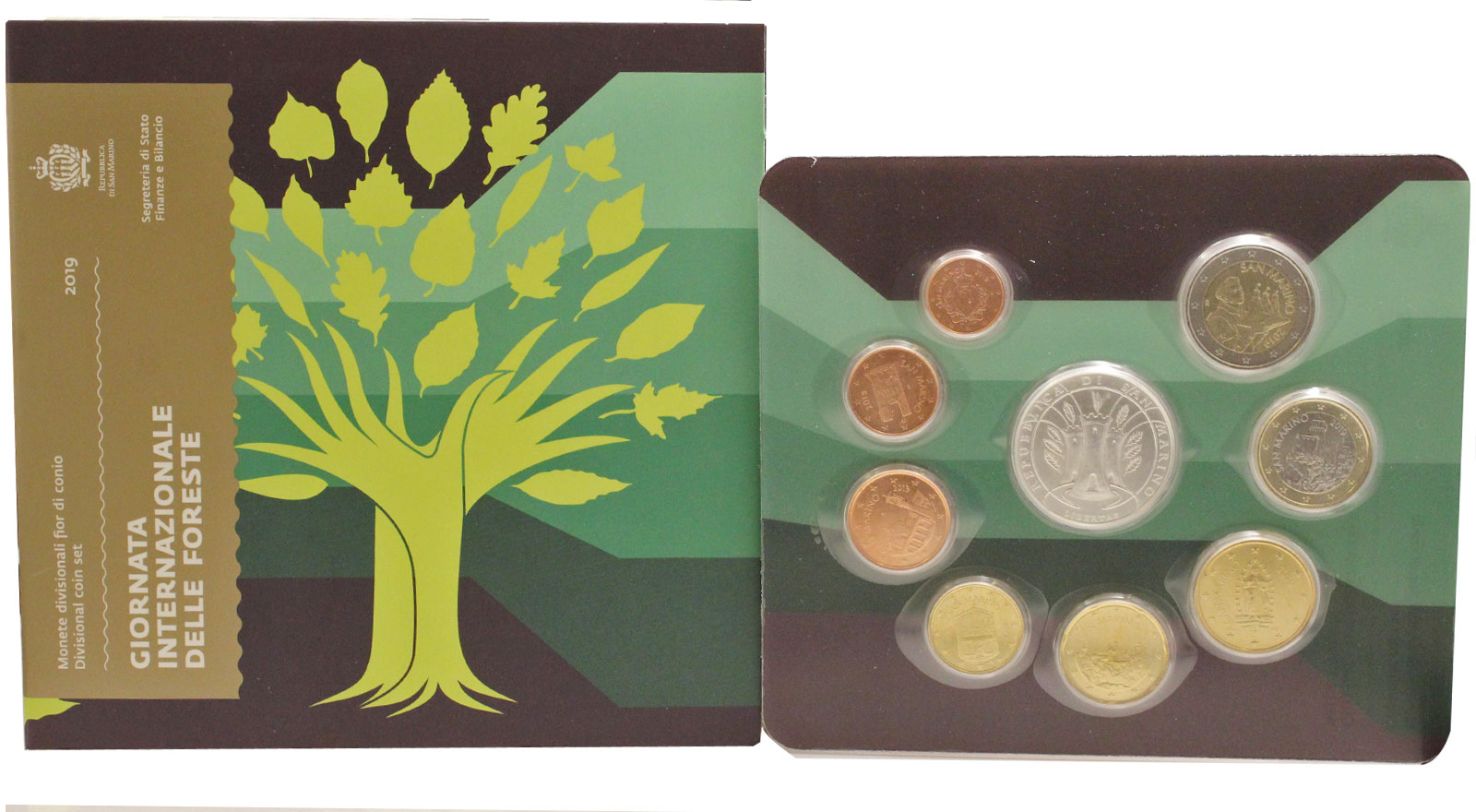 "Giornata Internazionale delle Foreste" - Serie divisionale di 9 monete con 5 euro gr. 18,00 in arg. 925/ - In conf. originale