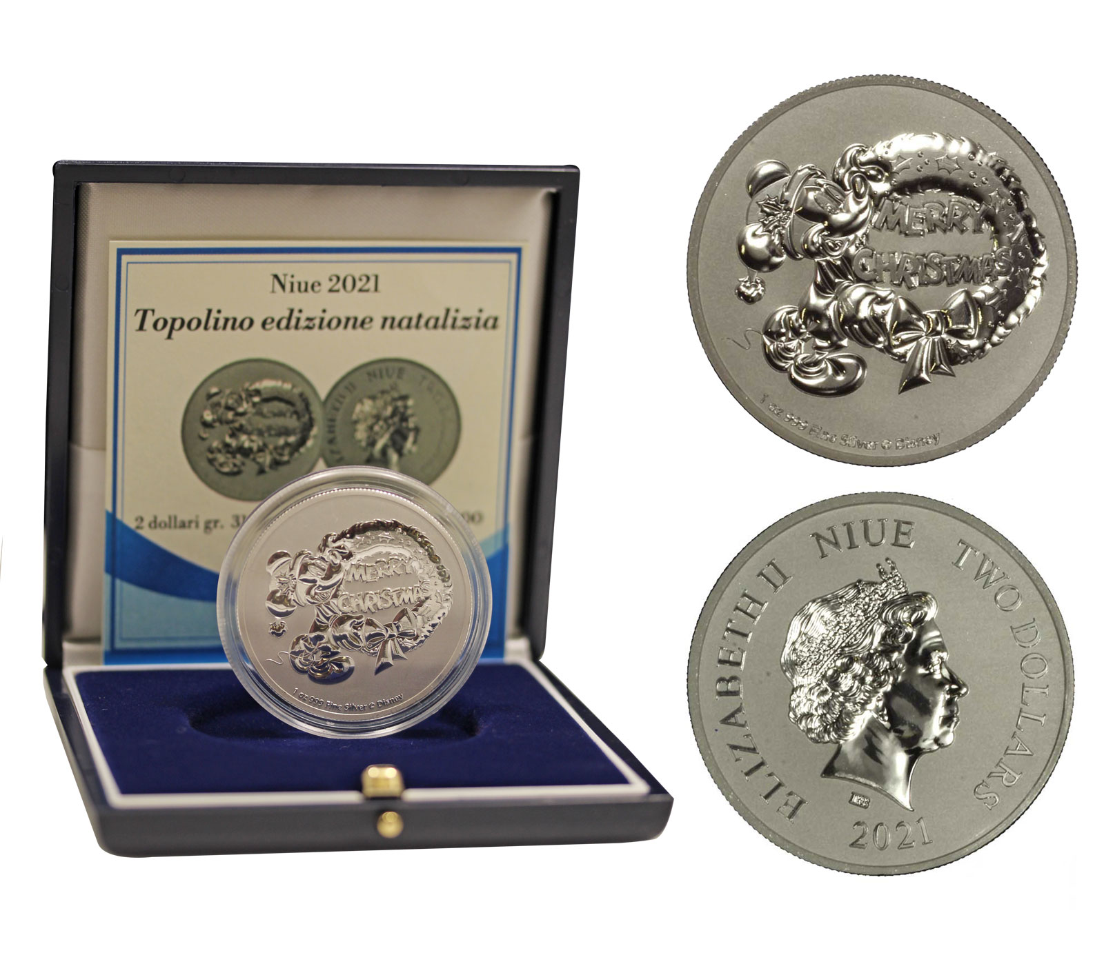 "Topolino Edizione Natalizia" - moneta da 2 dollari gr. 31,103 (1 oncia) in ag.999/000 in confezione con certificato