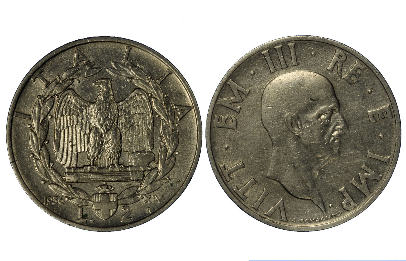 2 lire Impero (anno XIV) zecca di Roma - contorno liscio