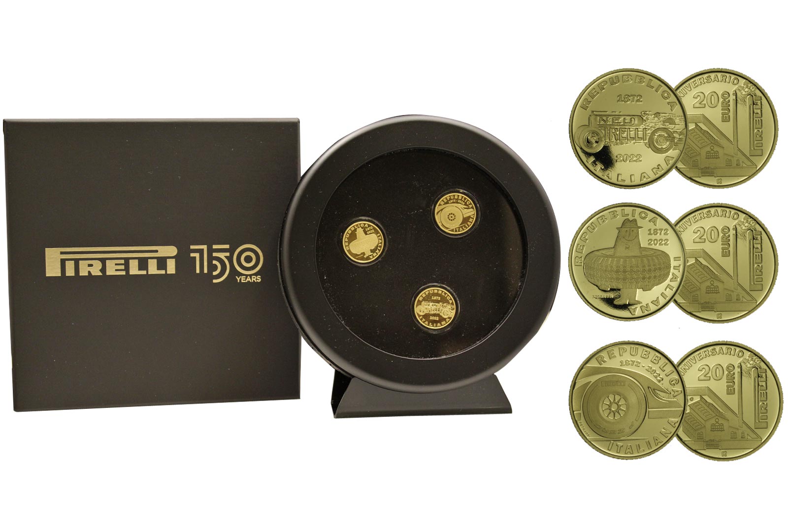"150° Pirelli" - Trittico di monete da 20 euro gr. 6,45 cad in oro 900/000 - tiratura 1.000 pz