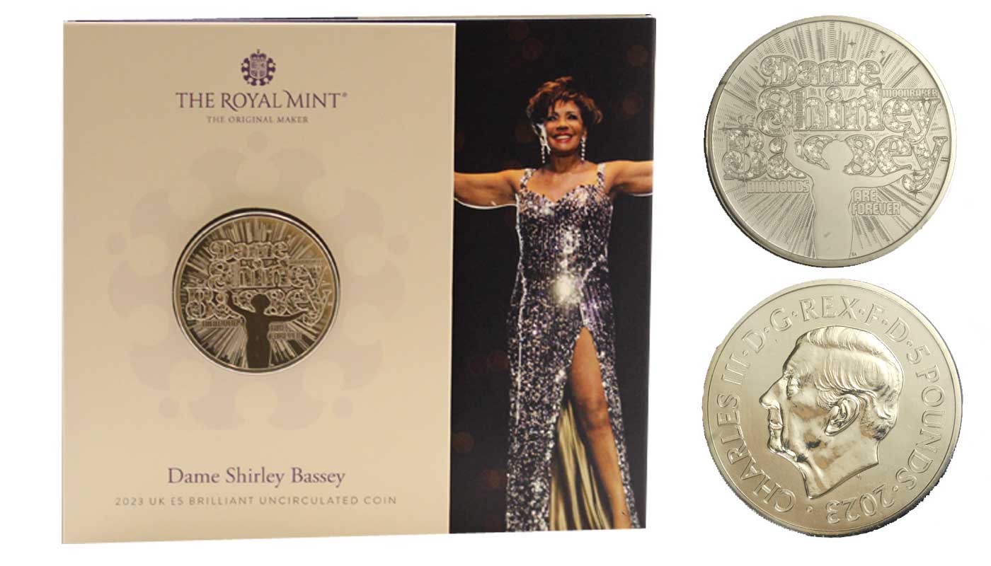 "Serie Music Legends - Dame Shirley Bassey" - Moneta da 5 sterline in nickel in folder 