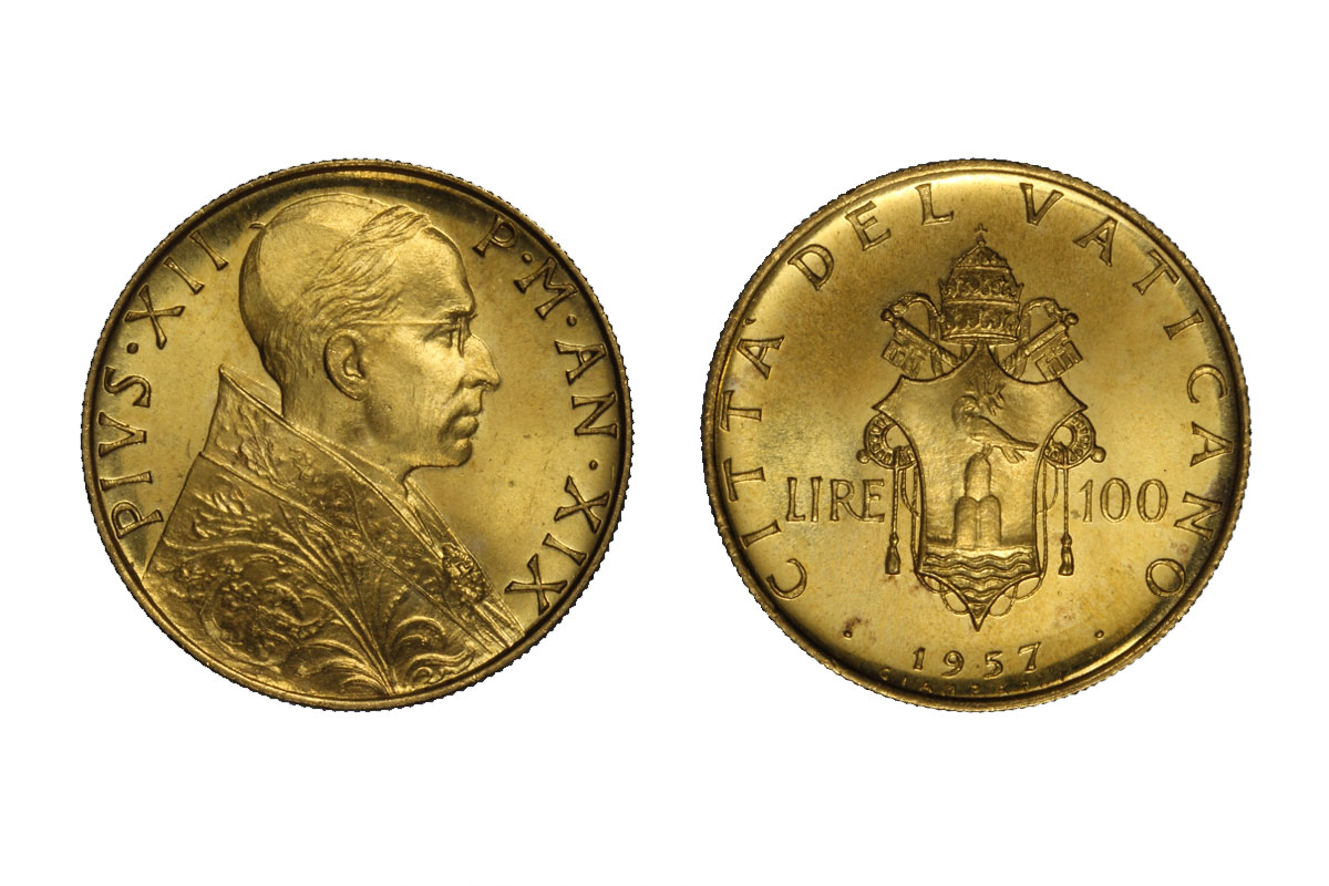 Papa Pio XII - 100 lire gr. 5,19 in oro 900/ 