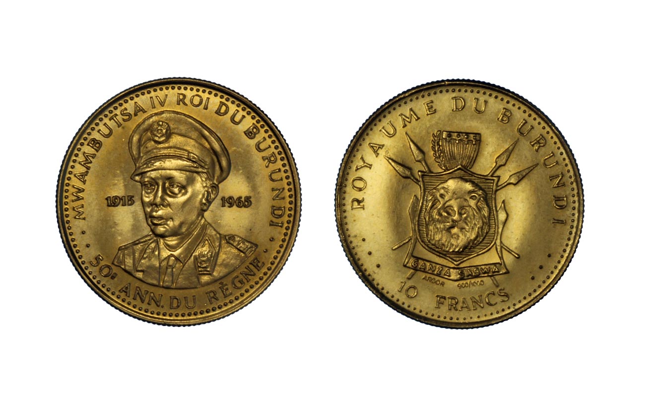 "50° anniversario di regno" - Re Mwambutsa IV - 10 franchi gr. 3,00 in oro 900/°°°
