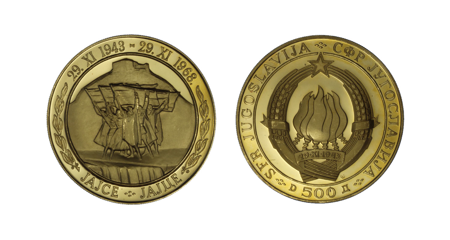 "25  Anniv. della Repubblica"- 500 dinara gr. 39,10 in oro 900/000