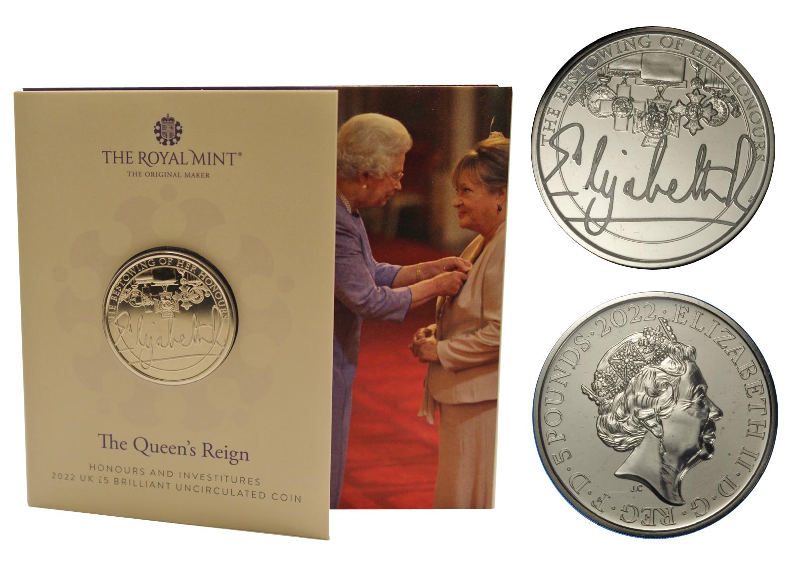 "The Queen's Reign: onorificenze e investiture" - 5 pounds in nickel in folder