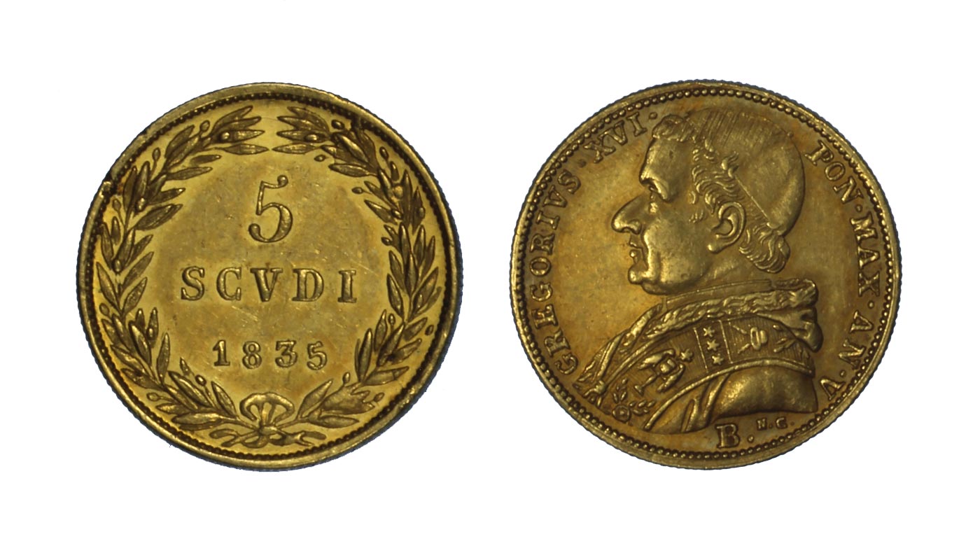 Gregorio XVI - 5 scudi gr.8,66 in oro 900/ - Zecca di Bologna