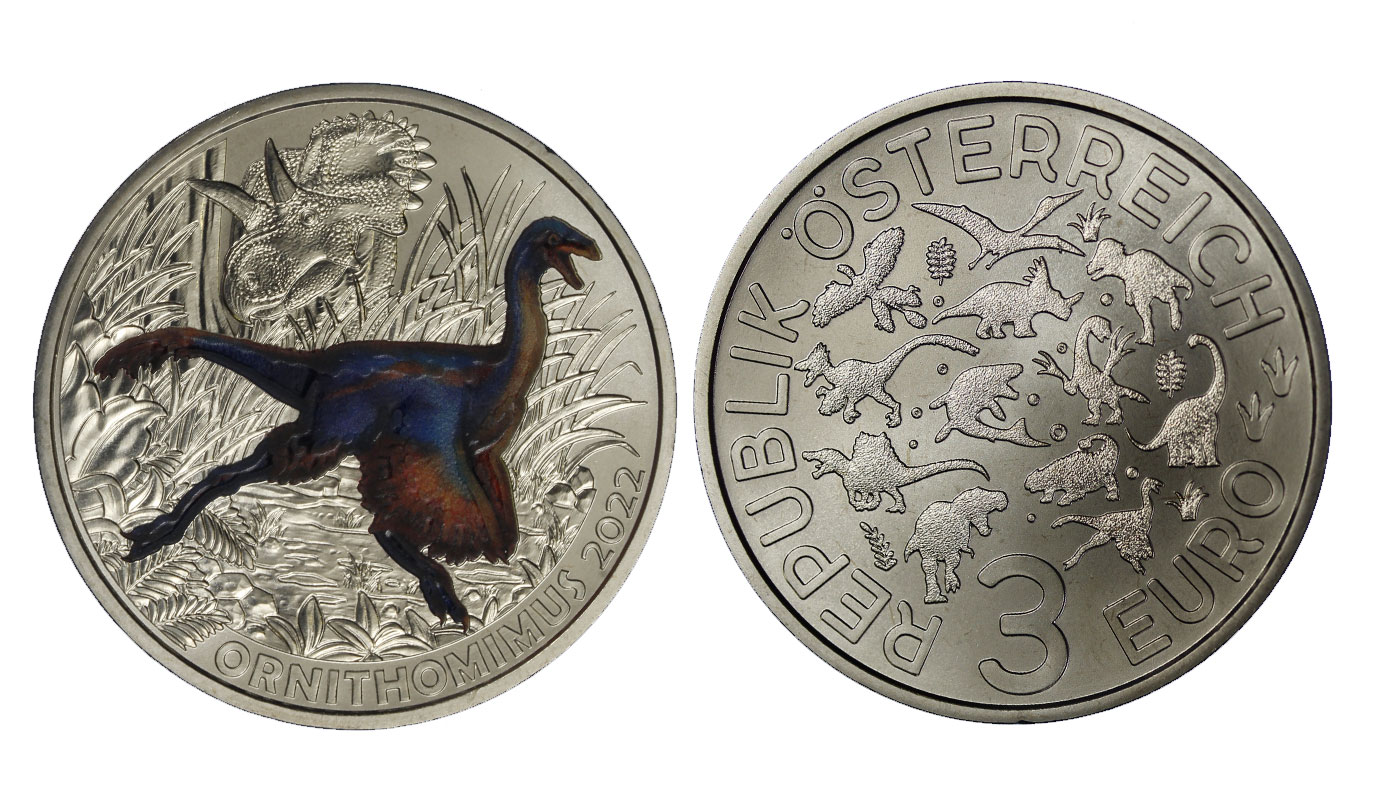 Serie Dinosauri: Ornithomimus" - moneta da 3 euro con dettagli smaltati e fluorescenza