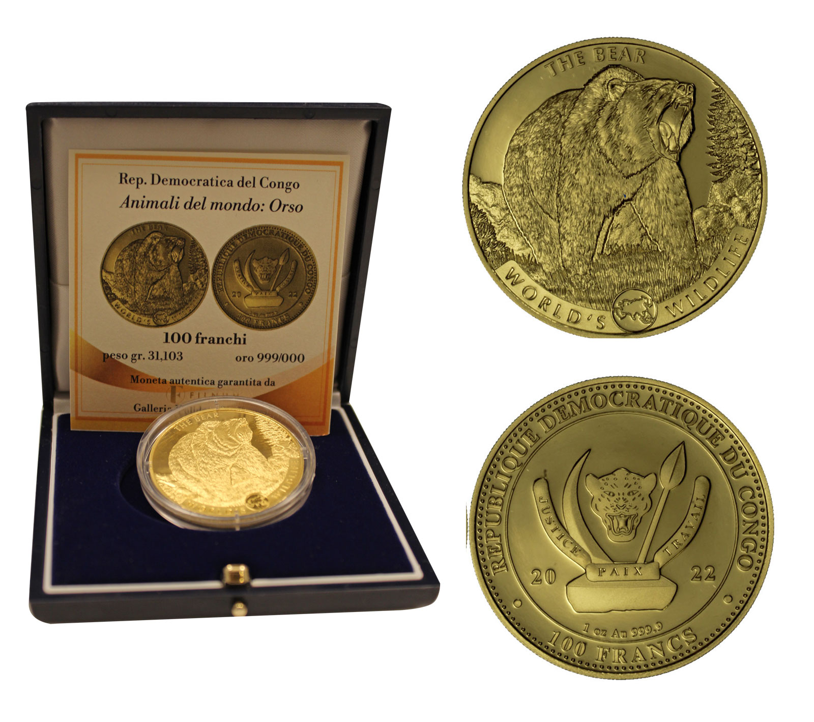 "Animali del mondo: orso" - 100 franchi gr. 31,103 in oro 999/000 - Tiratura 1.000 pezzi