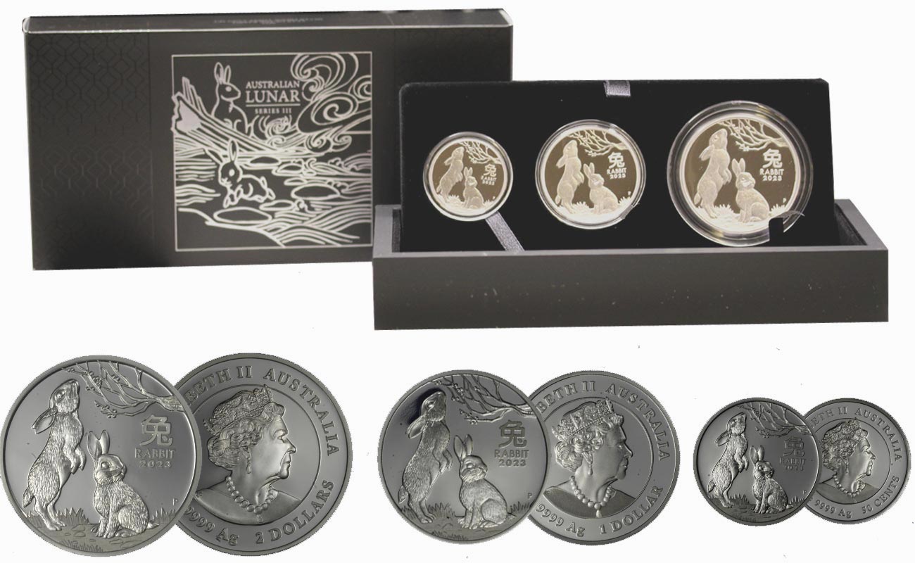 "Calendario Lunare III - Anno del Coniglio" - Set di 3 monete da dollari 2, 1 e 50 cent. - gr. tot 108,86 in ag. 999/000 - Tiratura 1.000 pz