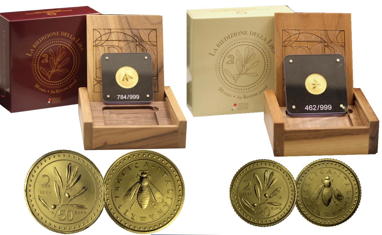 "Riedizione della Lira - 2 lire" - 20 e 50 Euro gr. 23,32 in oro 999/000 - Reverse PROOF - Tiratura 999 pezzi
