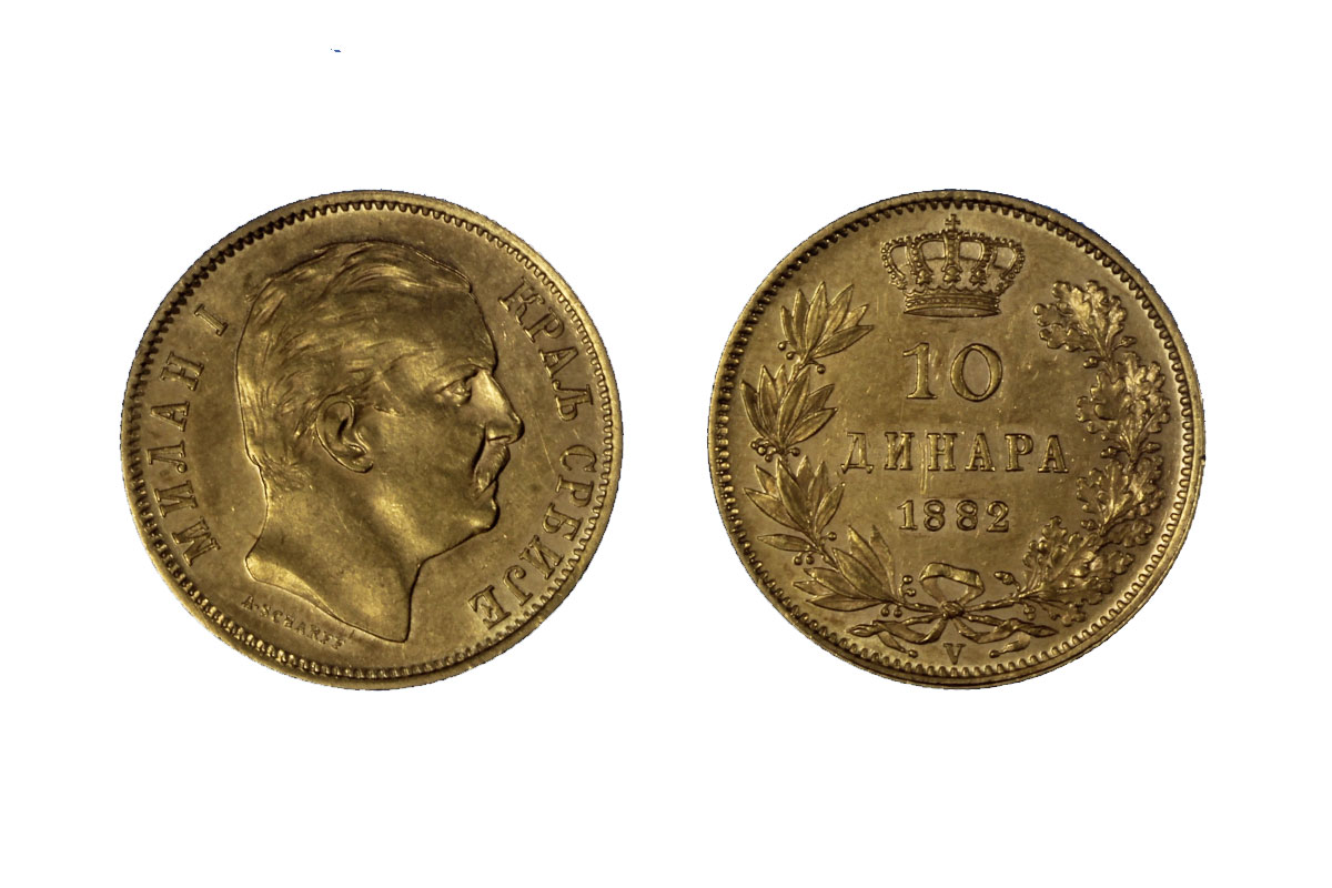Re Milan Obrenovich IV - 10 dinara gr. 3,22 in oro 900/