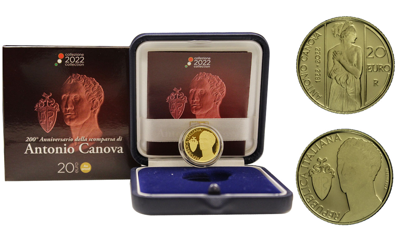 "200° scomparsa di Antonio Canova" - 20 Euro gr. 6,45 in oro 900/000 - Tiratura 1500 pezzi