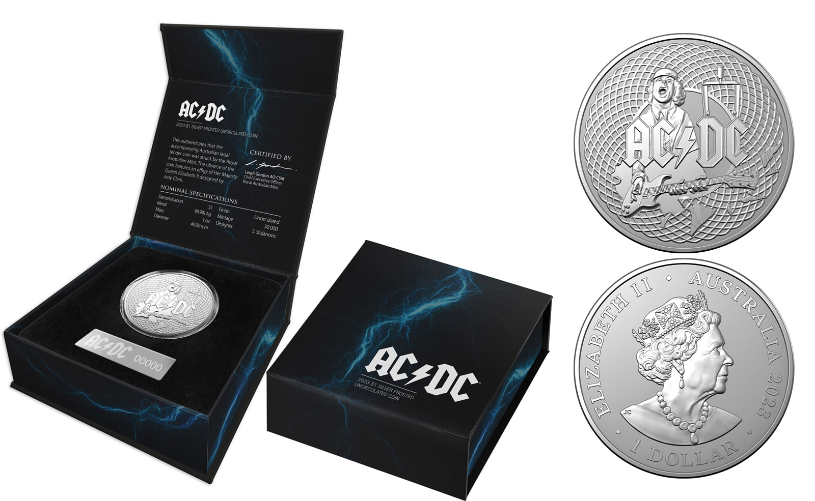 "AC/DC" - Moneta da 1 dollaro gr. 31,10 in ag. 999/000