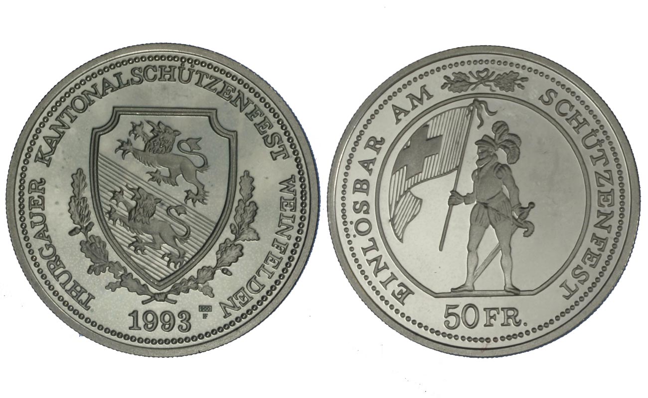  Tiri Federali - Thurgau - 50 franchi gr. 25.00 in ag. 999/000