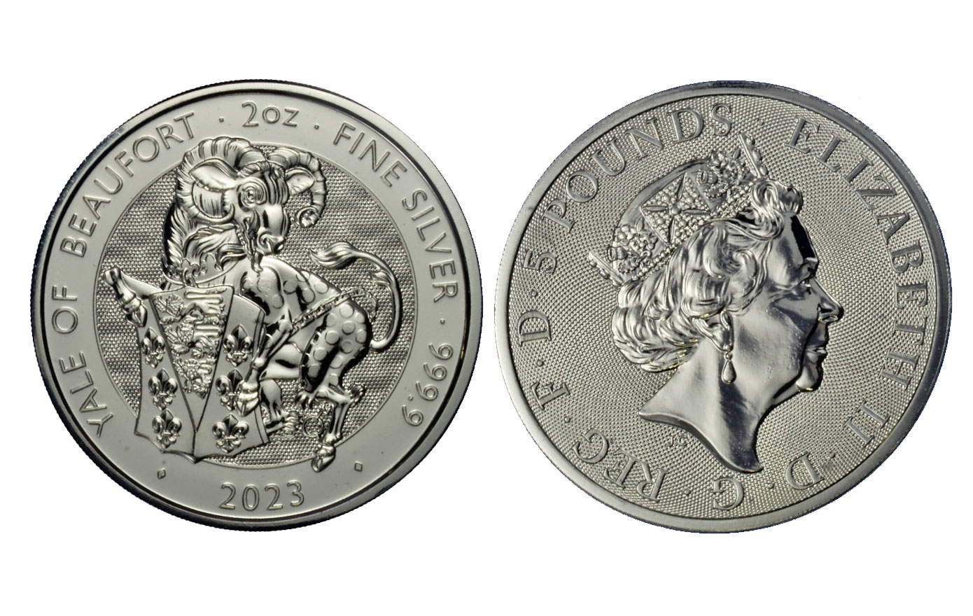 "Tudor Beasts: Yale di Beaufort" - Moneta da 5 sterline gr. 62,20 (2oz) in ag 999/000 