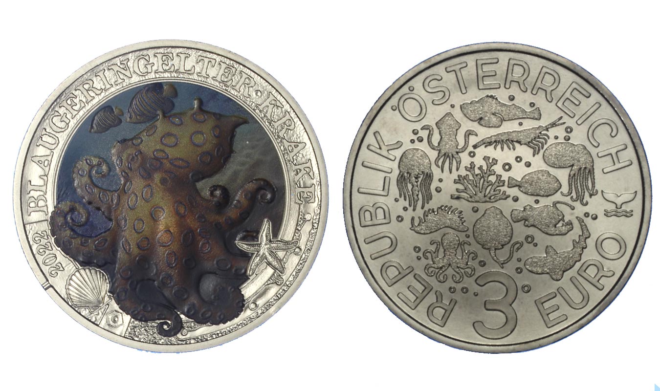 "Serie Luminous Marine Life: Polpo dagli anelli blu" - moneta da 3 euro con dettagli smaltati 