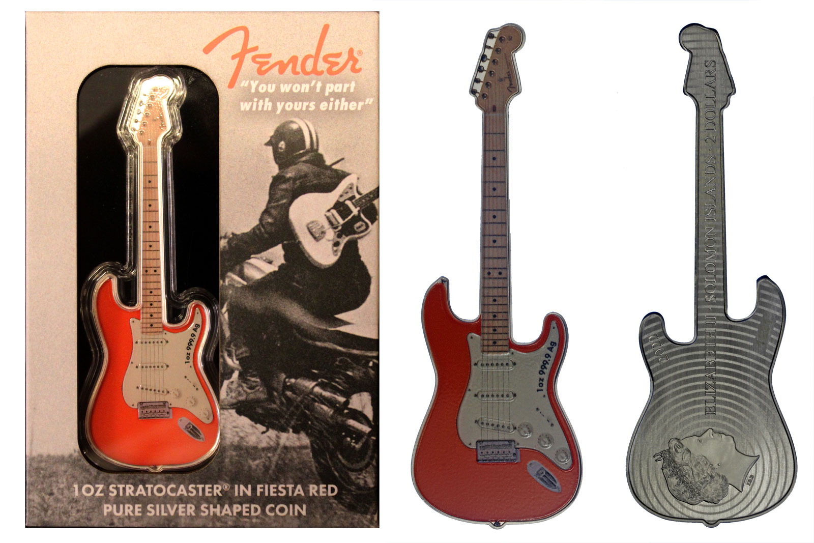 "Fender Stratocaster" - 2 dollari gr. 31,10 in ag. 999/000 sagomata - esemplari numerati REVERSE PROOF