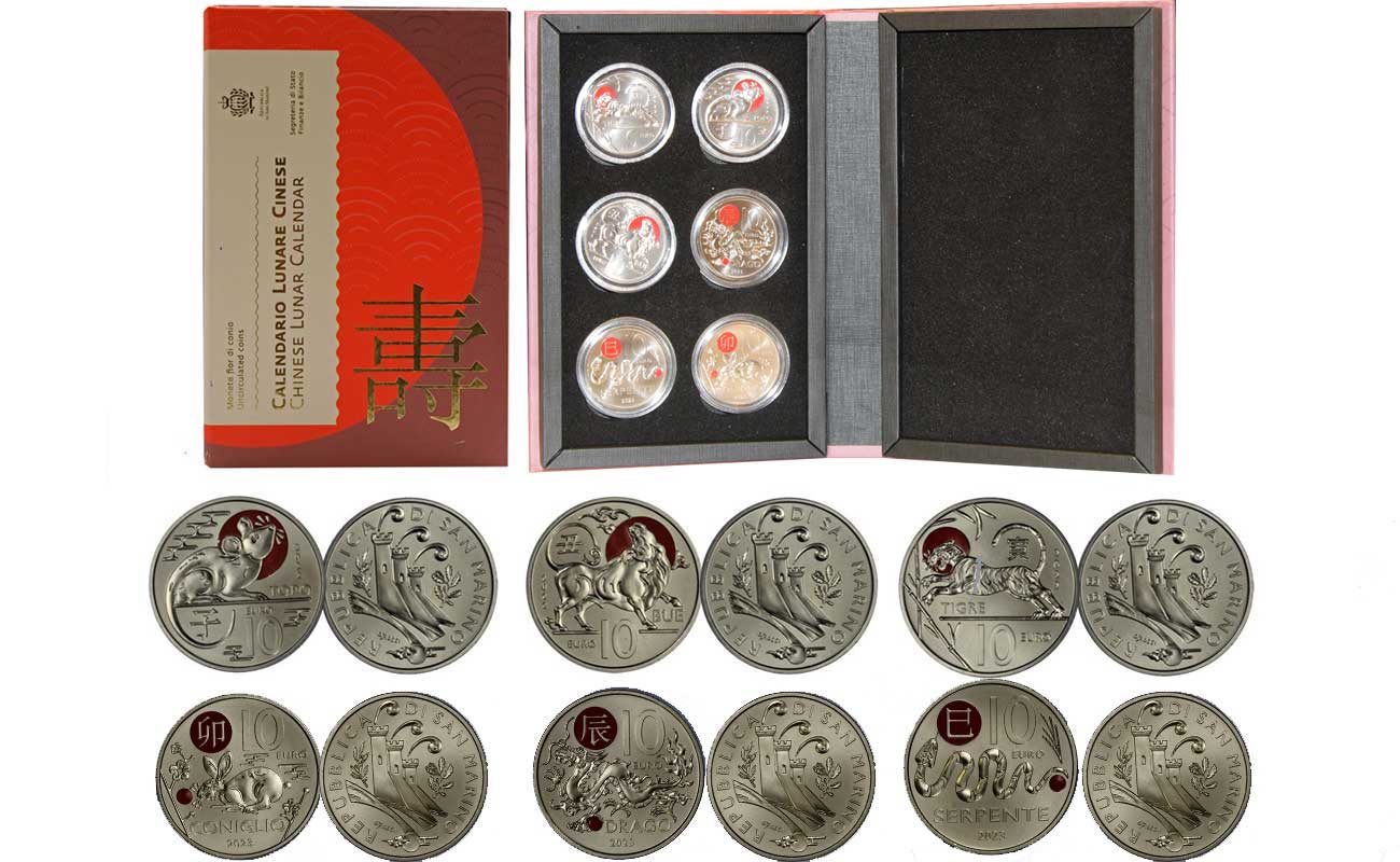 Serie "Calendario Lunare" prime emissioni Topo, Bue e Tigre - 3 monete da 10 euro in cofanetto