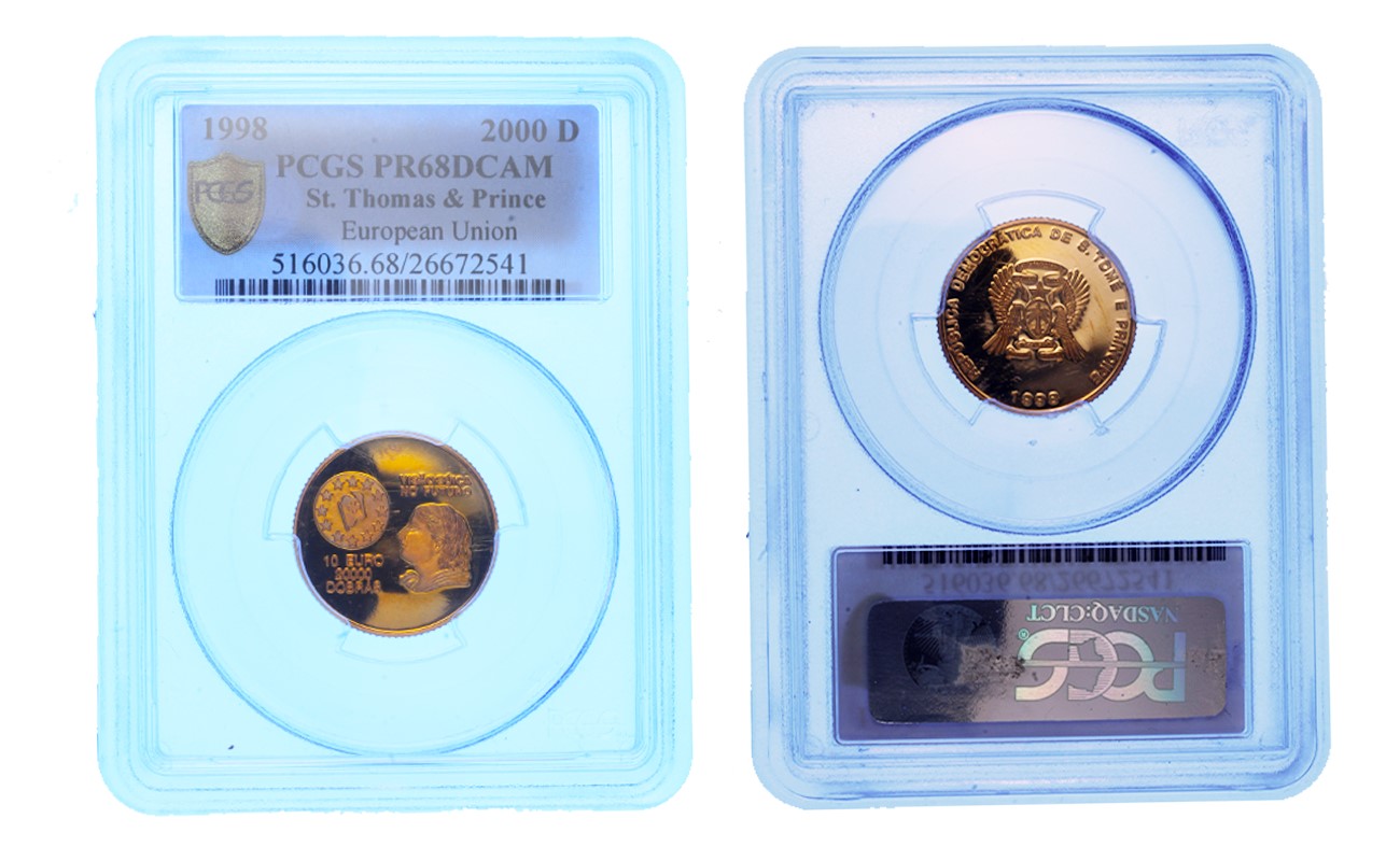 20000 Dobras - 10 euro di gr. 6.22 in oro 900/000 in SLAB PR68