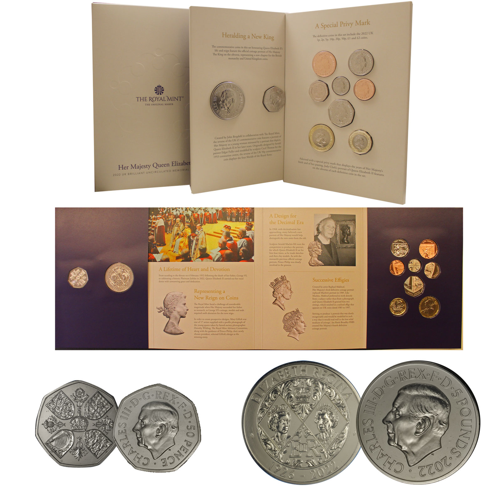 Set "Memoriale della Regina Elisabetta" - 10 monete con 50 pence e 5 pound commemorativi in confezione ufficiale