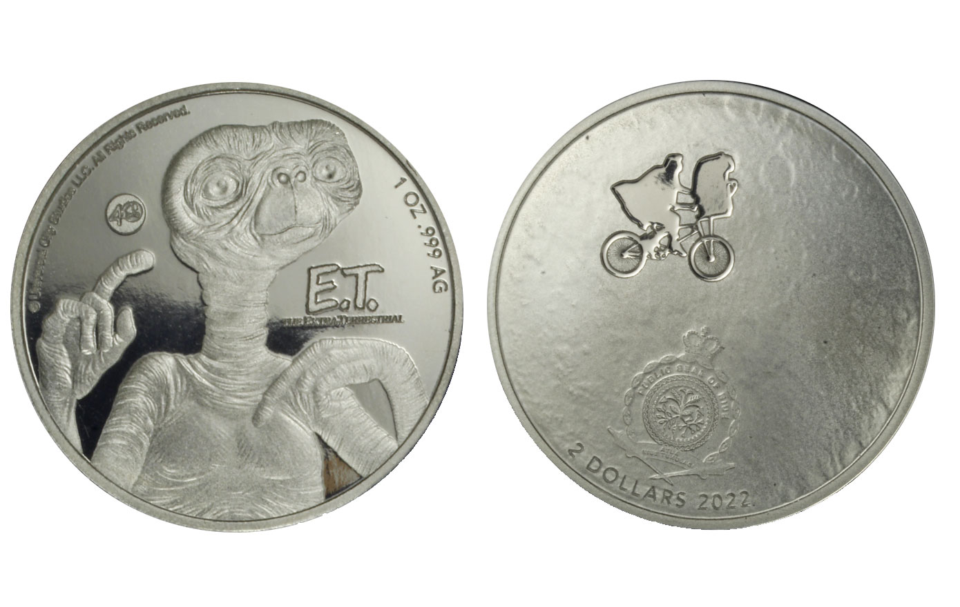 "E.T." - moneta da 2 dollari gr. 31,103 (1 oncia) in ag. 999/000 - Lotto di 10 pezzi