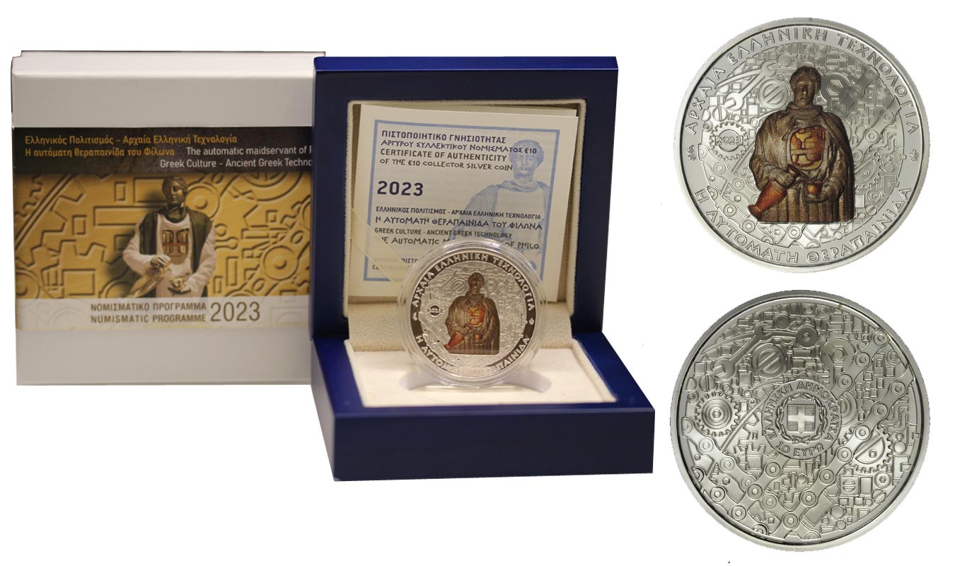 "Tecnologia dell'Antica Grecia - Ancella automatica di Philon" - Moneta da 10 euro gr.34,10 in ag. 925/000