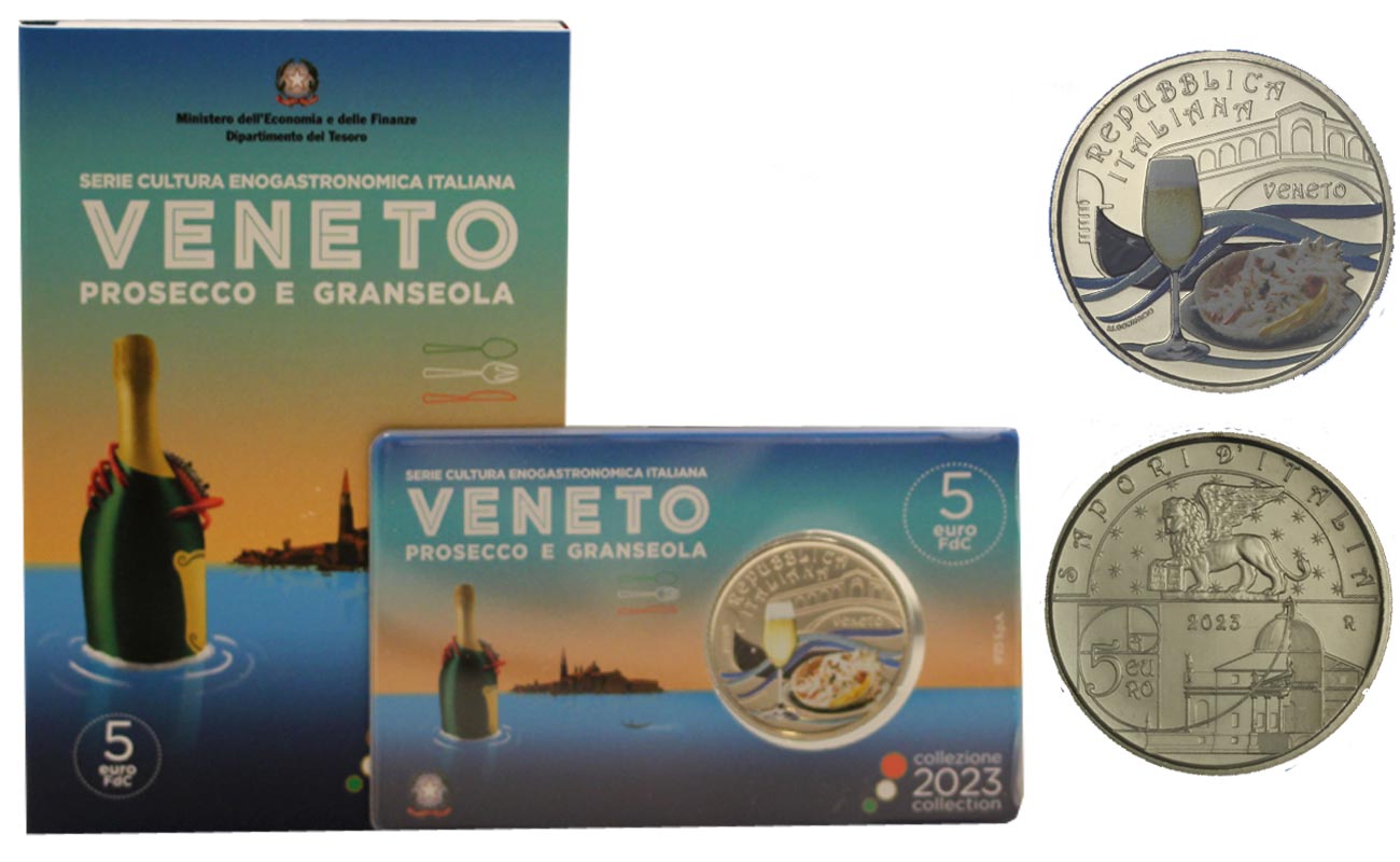 "Cultura Enogastronomica Italiana - Veneto - Prosecco e Granseola"- Moneta da 5 euro in blister ufficiale
