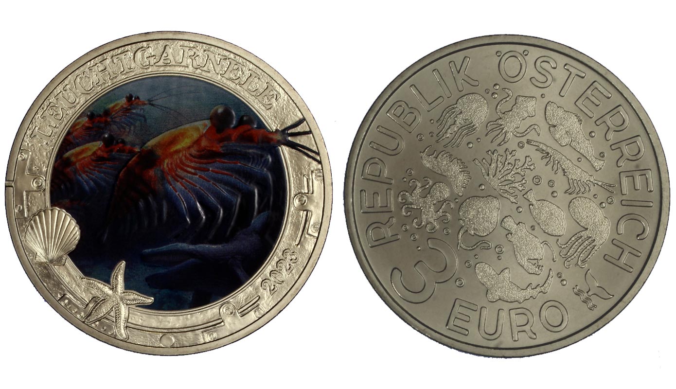 "Serie Luminous Marine Life: Krill Antartico" - moneta da 3 euro con dettagli smaltati 