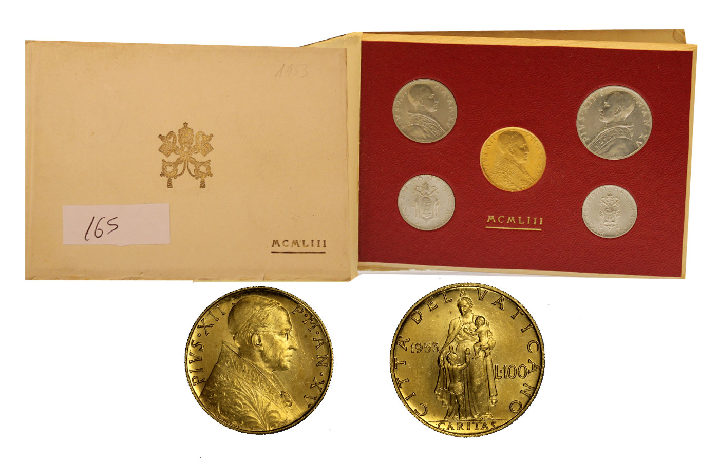 Serie completa di 5 monete con 100 Lire in oro di gr.5,19 in oro 900/°°° in confezione ufficiale
